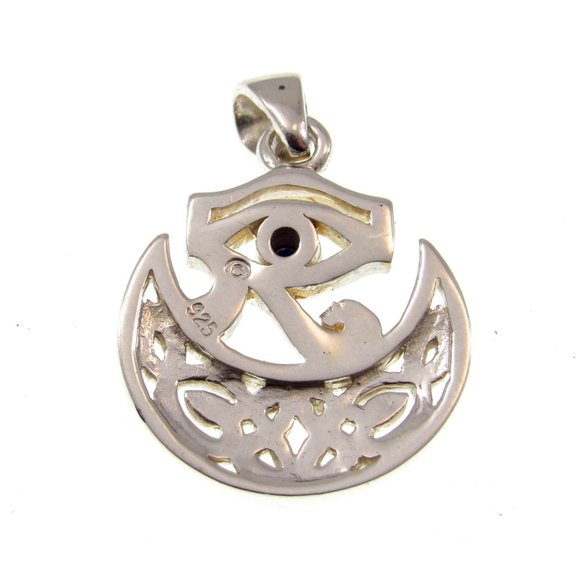 Solid 925 Sterling Silver Eye of RA / Horus Pendant & Celtic Half Moon w/ Lapis - Picture 5 of 5